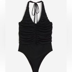 Ruched mesh black bodysuit